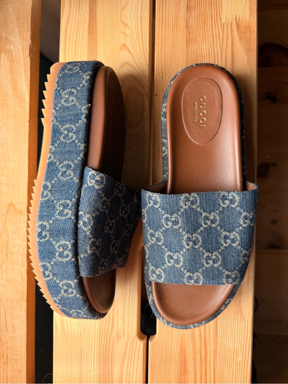 Gucci Denim GG Logo Platform Slide Sandals in Denim